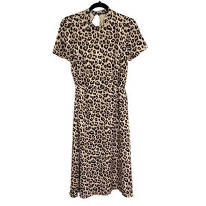 Avec Les Filles Cheetah Print Tie Waist Mock Neck Midi Dress Women's Size 6